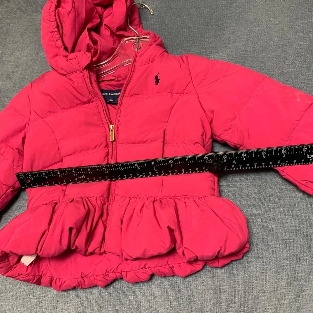 Ralph Lauren Puffer Jacket Girls 18M Pink Ruffle Hem Pony Logo Full Zip Hooded